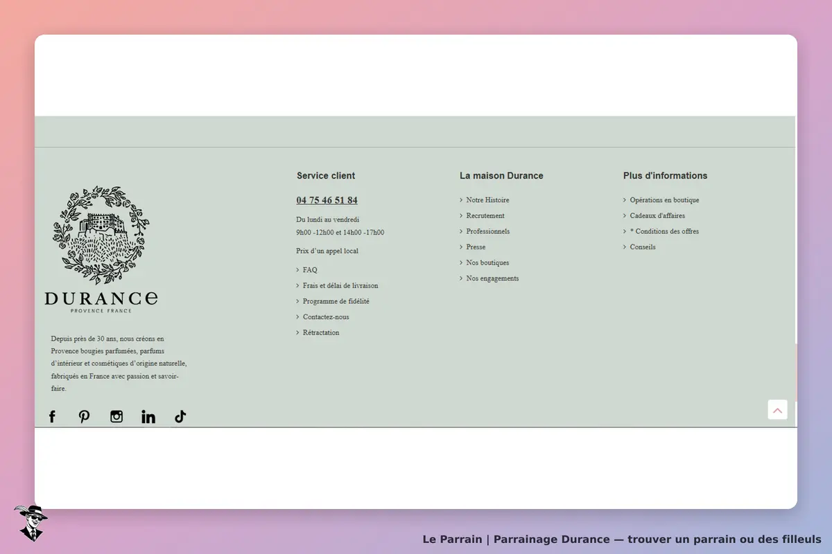 Durance : pied de page avec informations de contact et liens vers services et sections du site