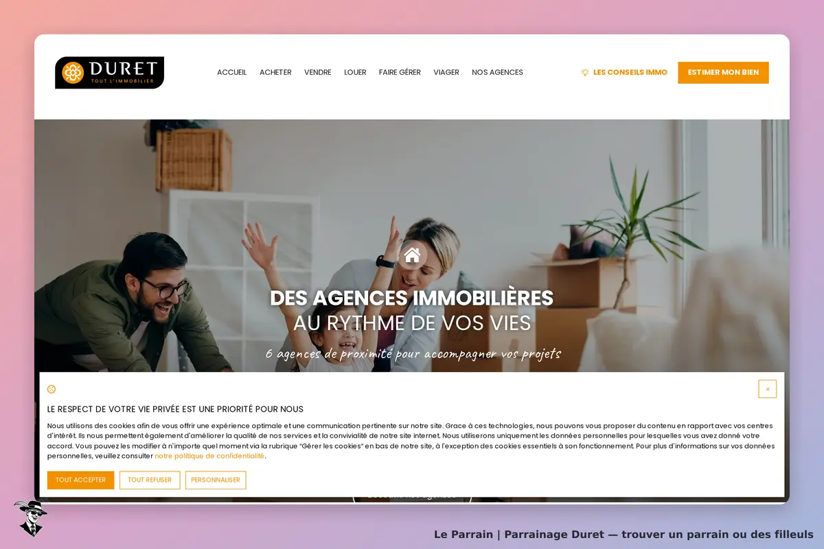DURET : page d'accueil avec un visuel d'agents immobiliers et un message d'accueil engageant