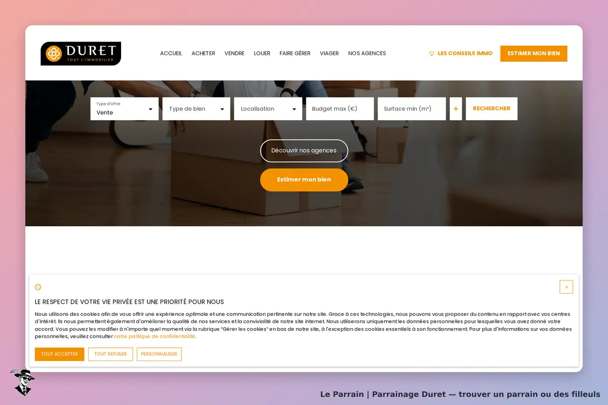 DURET : page d'accueil avec formulaire de recherche immobilière et message sur la vie privée