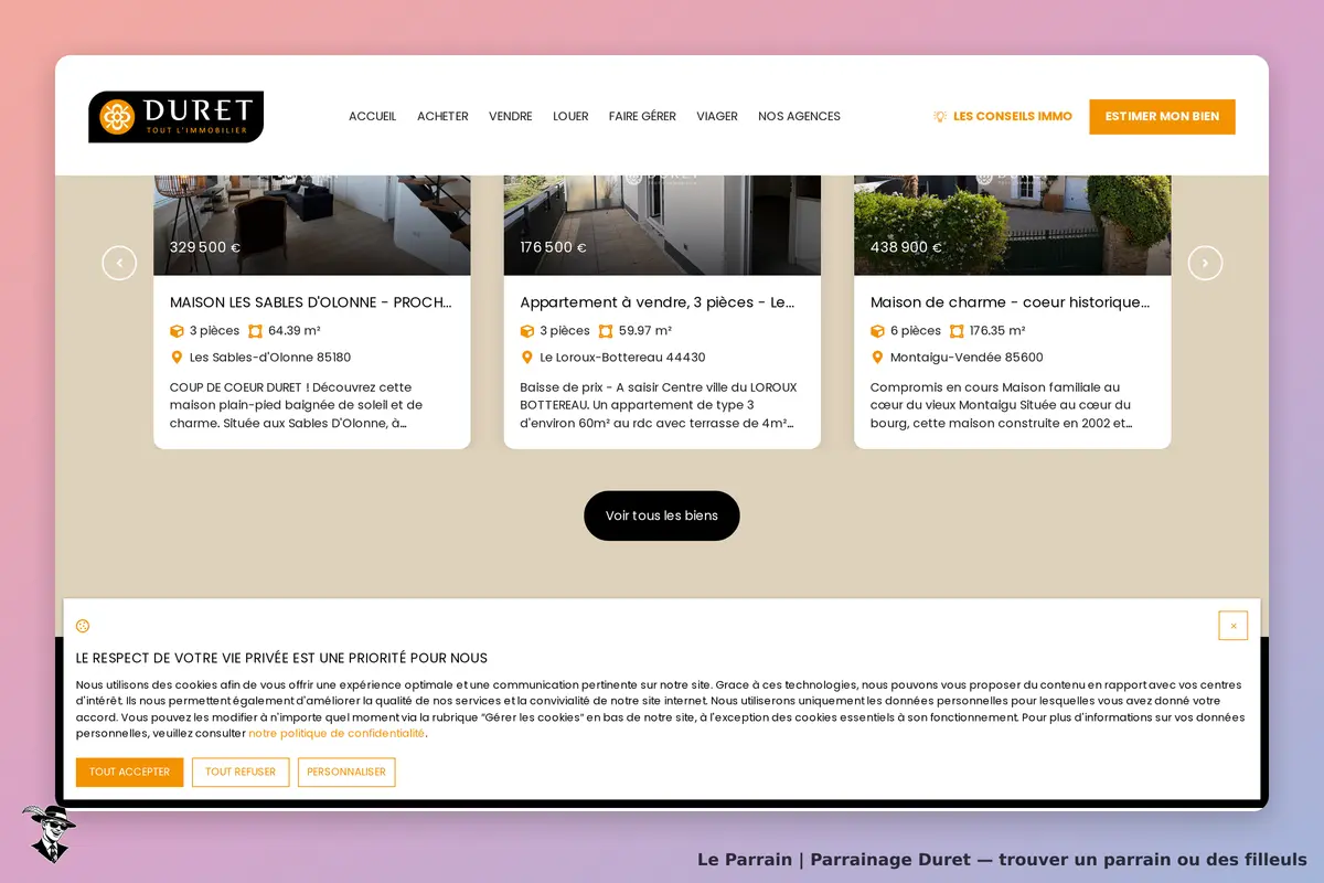 DURET : page d'accueil avec plusieurs annonces immobilières et informations sur les biens