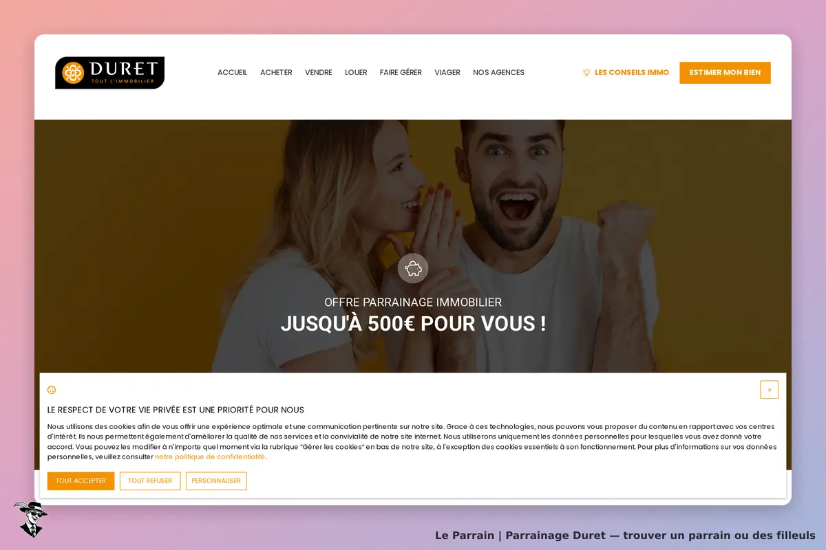 DURET : page d'accueil avec une offre de parrainage et des personnes souriantes en arrière-plan
