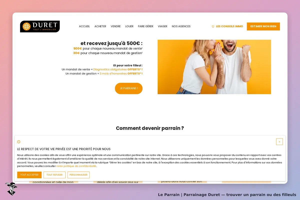 DURET : page d'accueil avec un formulaire de parrainage et une image de deux personnes souriantes