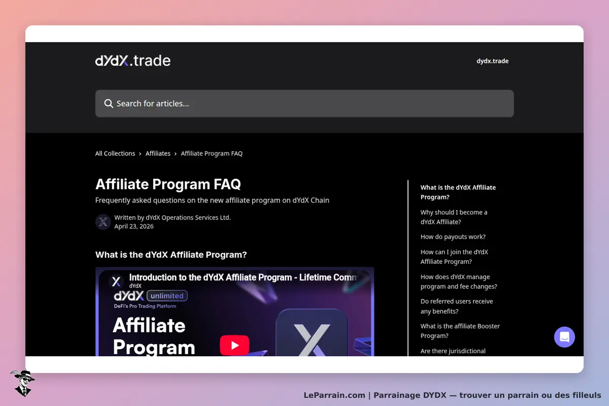 dYdX : page FAQ sur le programme d'affiliation avec une vidéo d'introduction