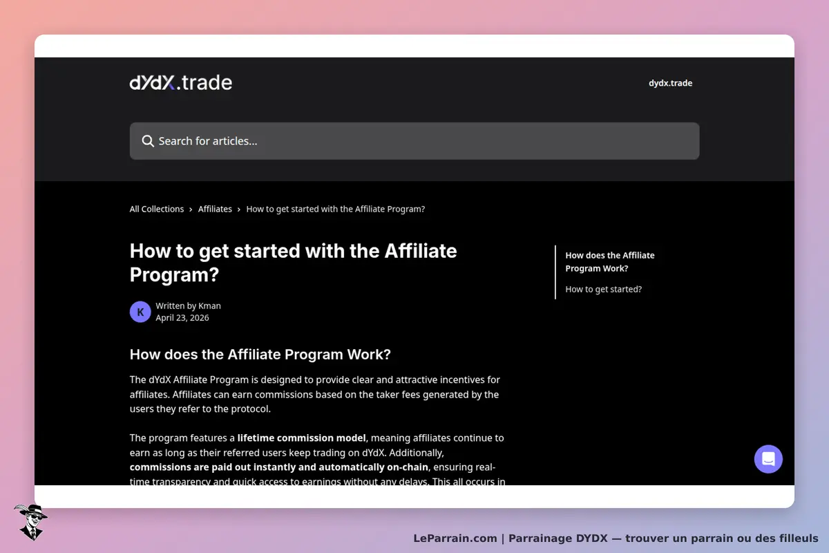 DYDX : article sur le programme d'affiliation avec titres et contenu explicatif