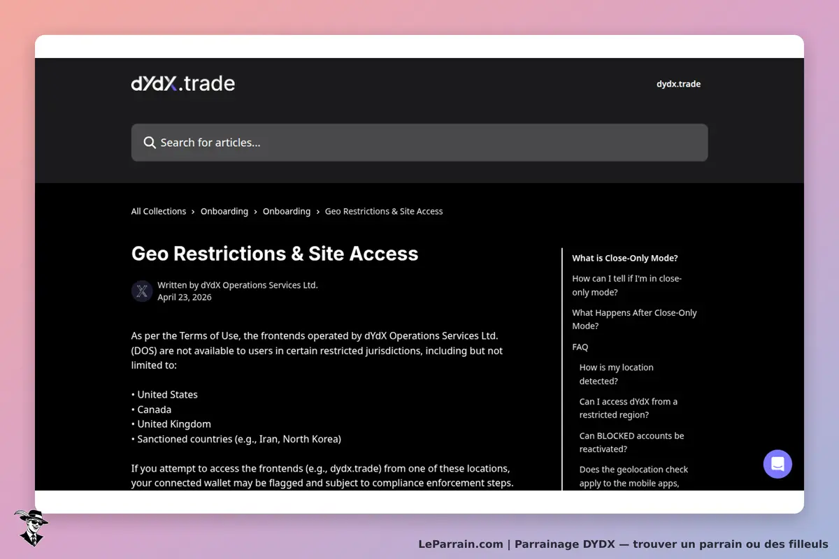 DYDX : page sur les restrictions géographiques et l'accès au site, avec questions fréquentes