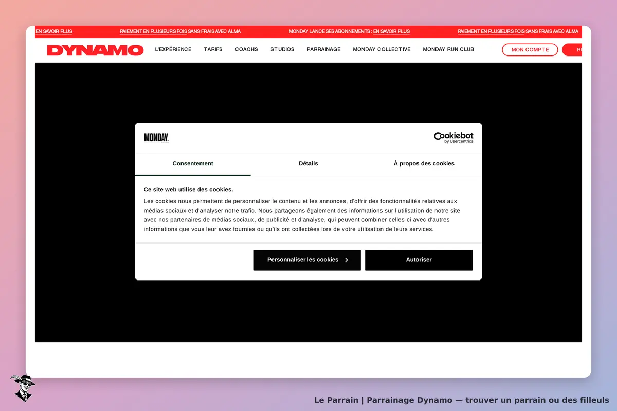 DYNAMO : page d'accueil avec un message de consentement aux cookies en surimpression