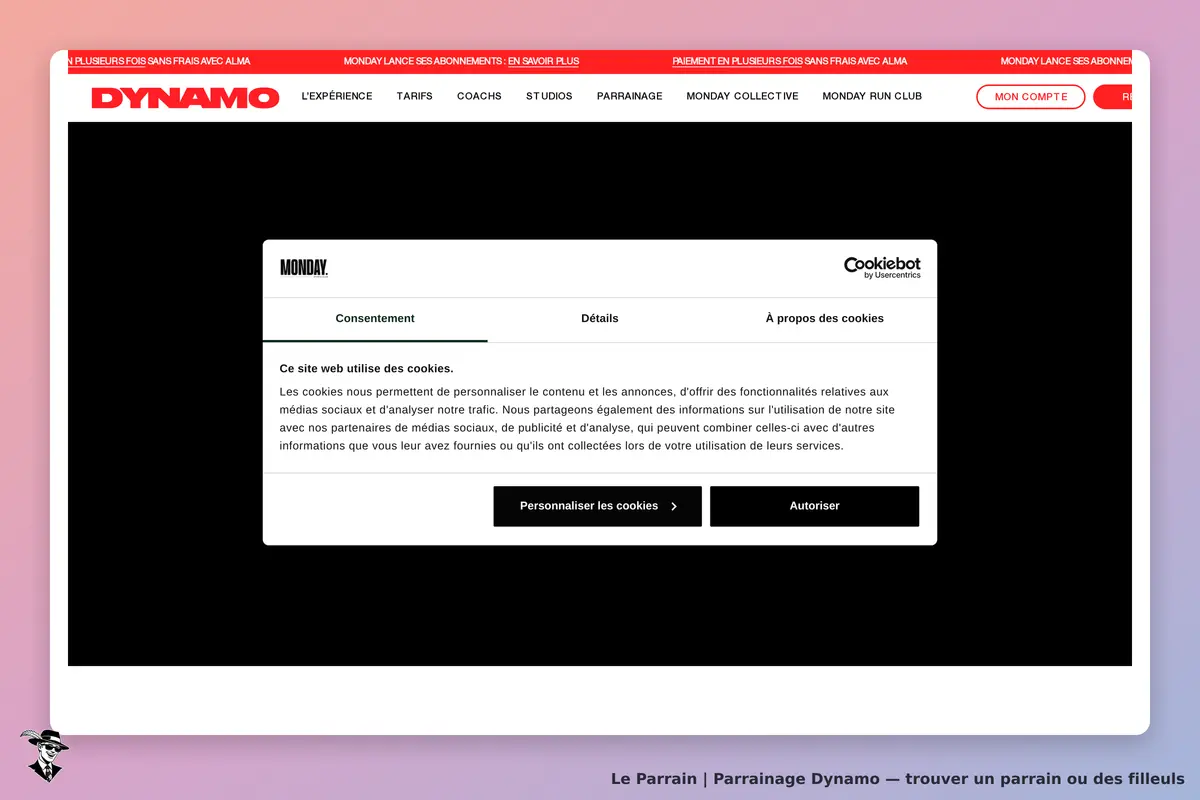 DYNAMO : bandeau de consentement aux cookies sur fond noir avec options de personnalisation
