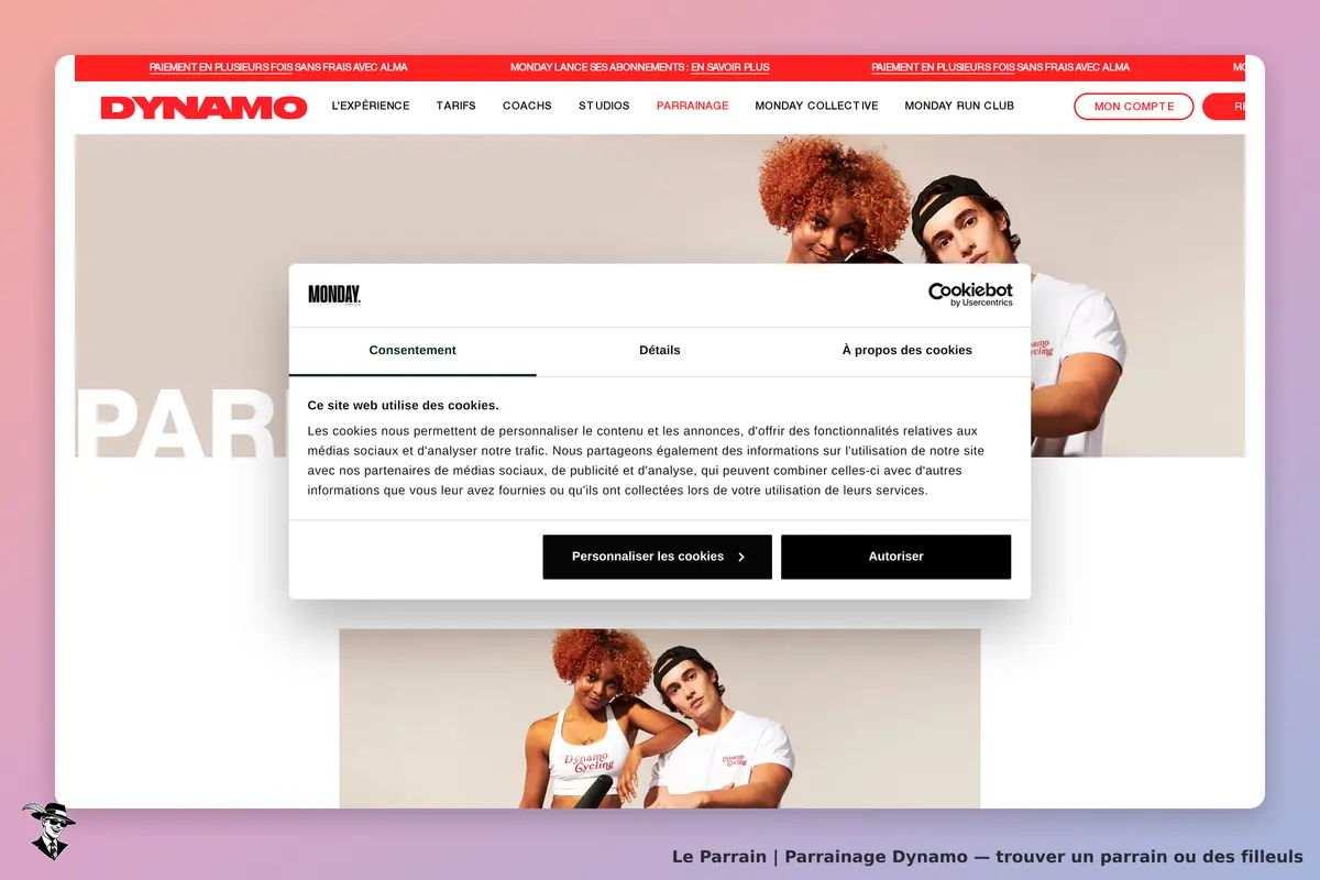 DYNAMO : bandeau supérieur avec logo, formulaire de consentement pour les cookies et images de