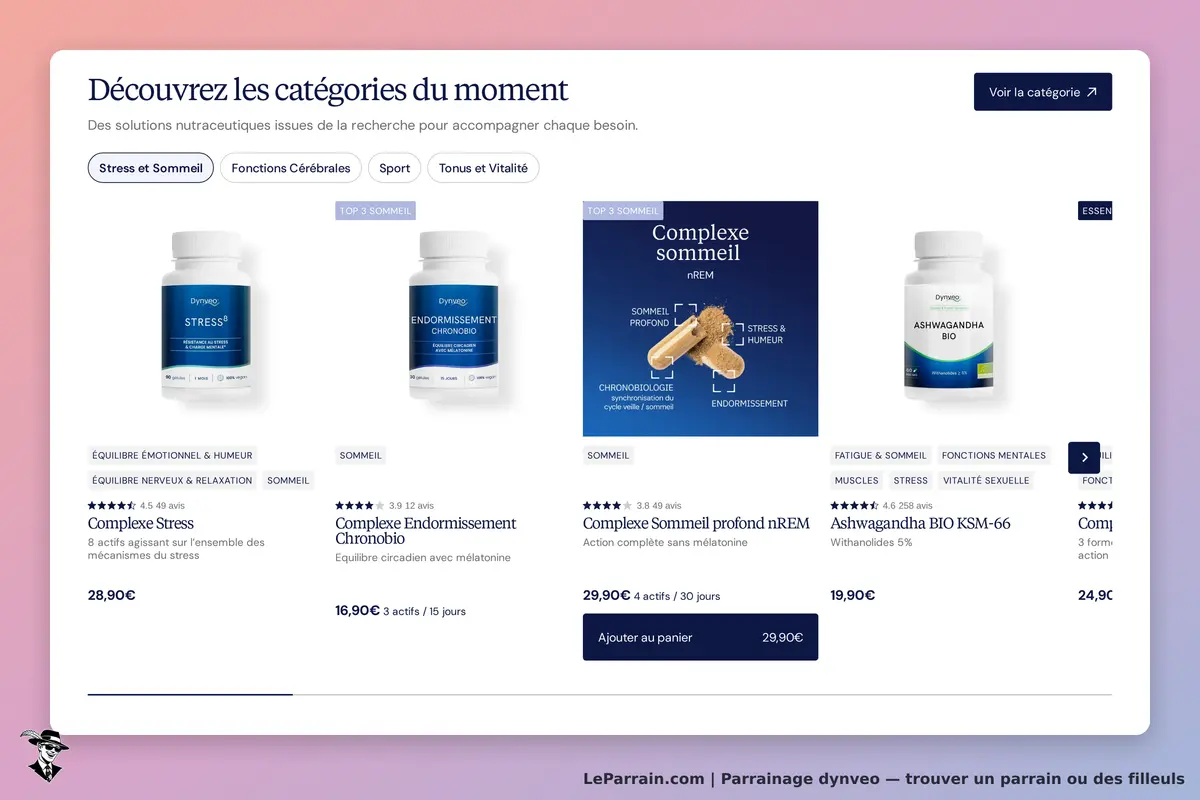 Dynveo : page d'accueil avec produits de santé et catégories de bien-être affichées