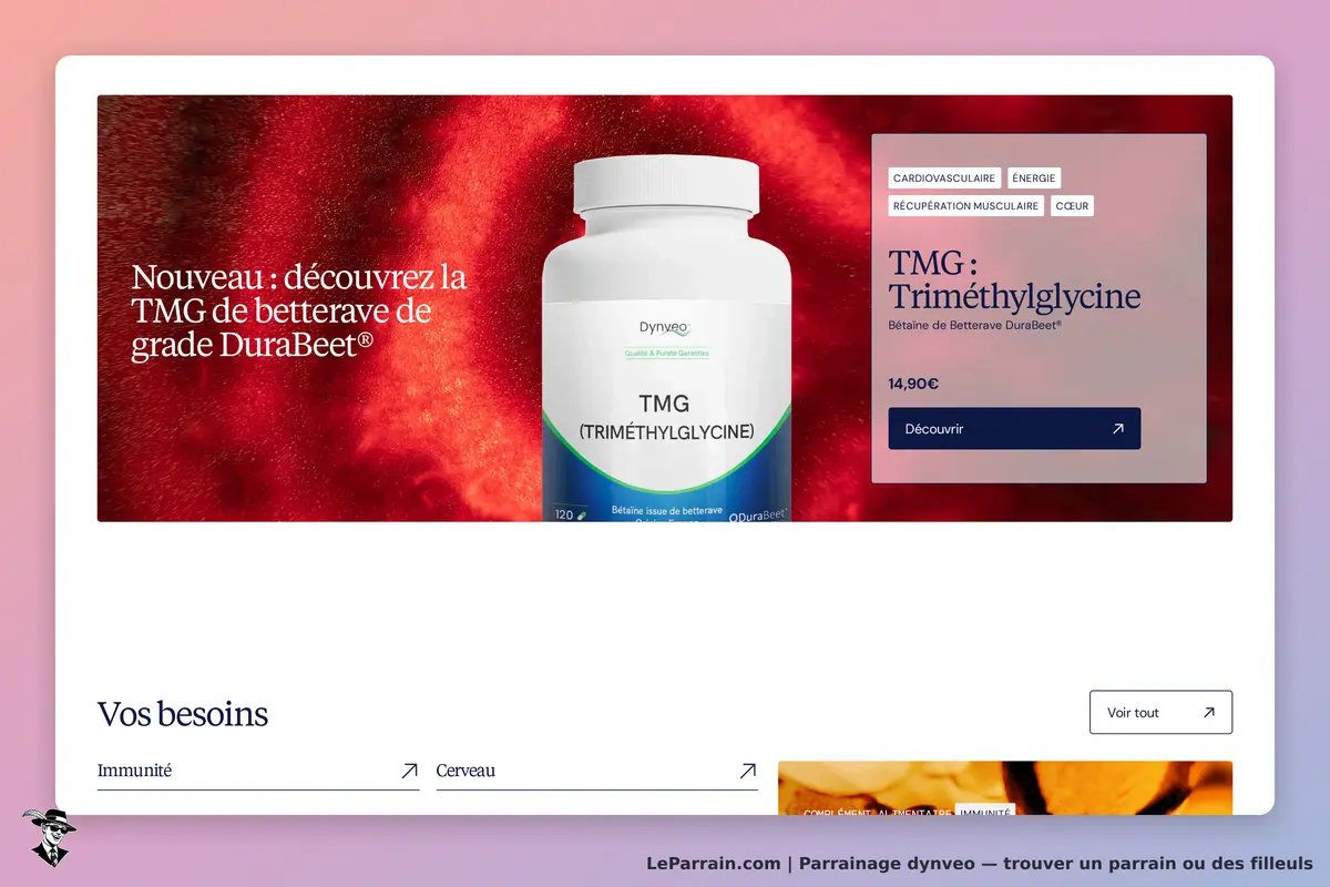 Dynveo : page d'accueil avec produit TMG de betterave, sections "Vos besoins" et visuel coloré