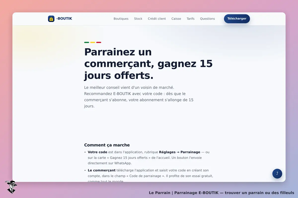 Page parrainage de E-BOUTIK