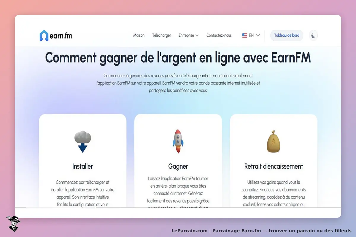 Earn.fm : page d'accueil présentant trois étapes pour gagner de l'argent en ligne