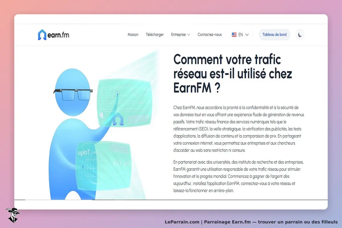 Earn.fm : page d'accueil présentant un personnage animé et des informations sur le trafic réseau