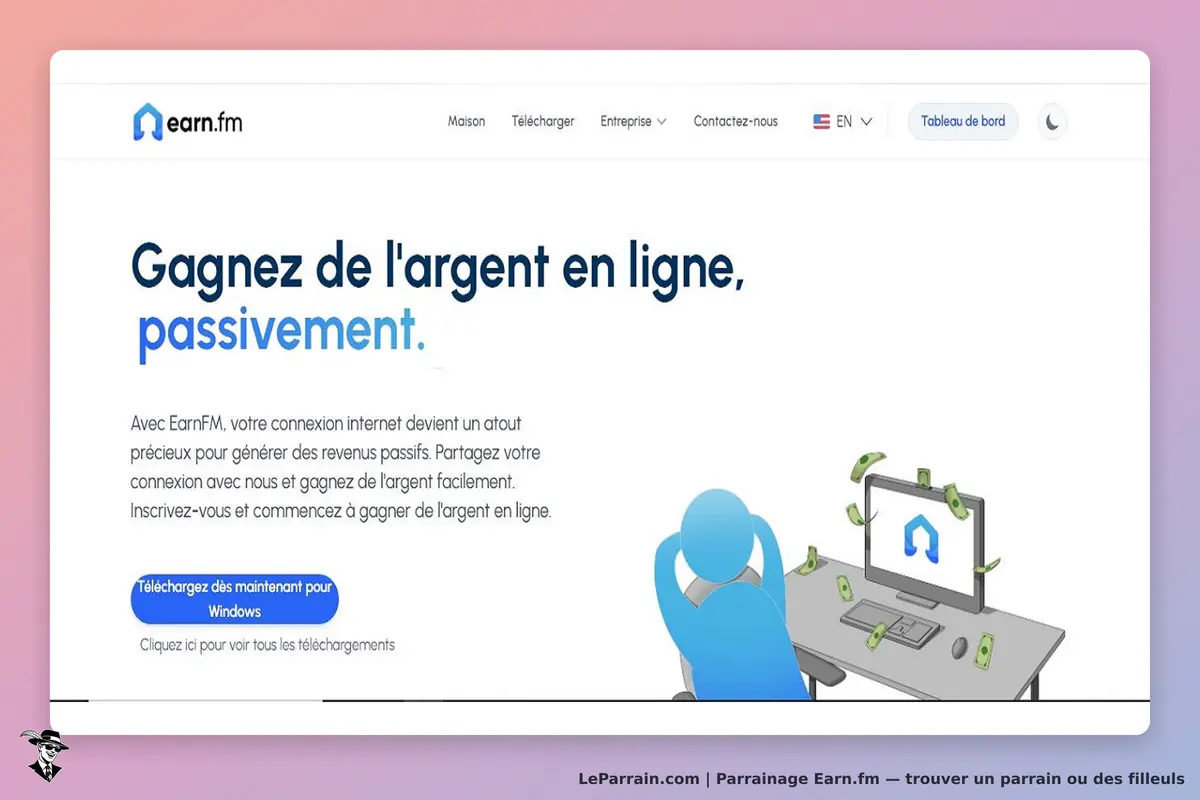 Earn.fm : page d'accueil avec un message sur gagner de l'argent en ligne et un personnage à un
