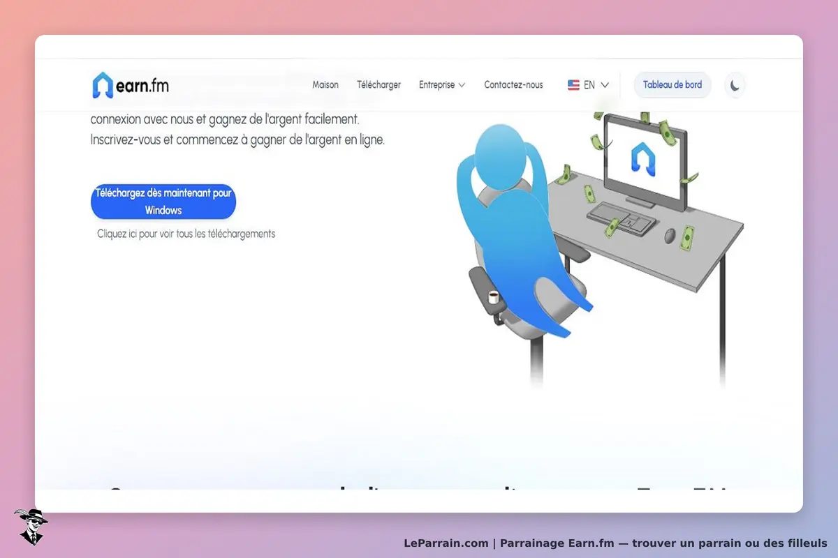 Earn.fm : page d'accueil avec un personnage assis devant un ordinateur et des billets de banque