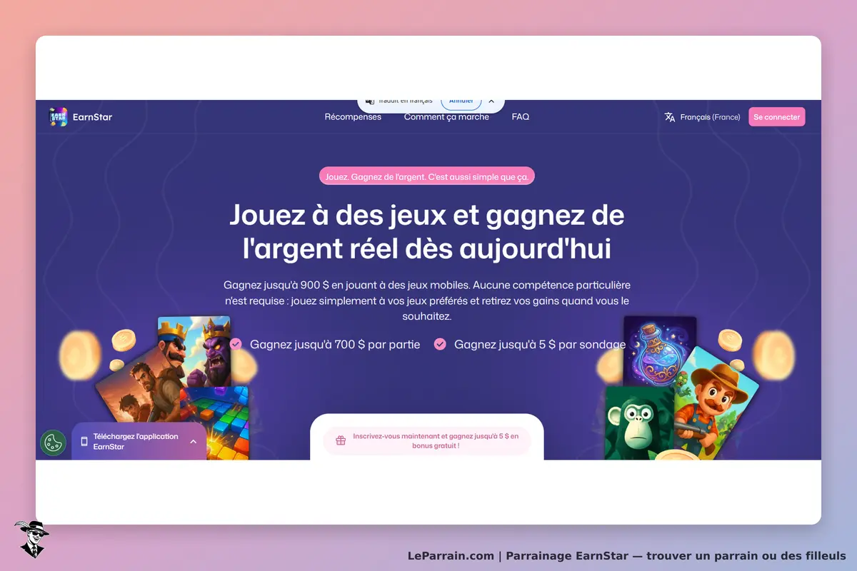 EarnStar : page d'accueil avec jeux et incitation à gagner de l'argent réel. Visuels colorés