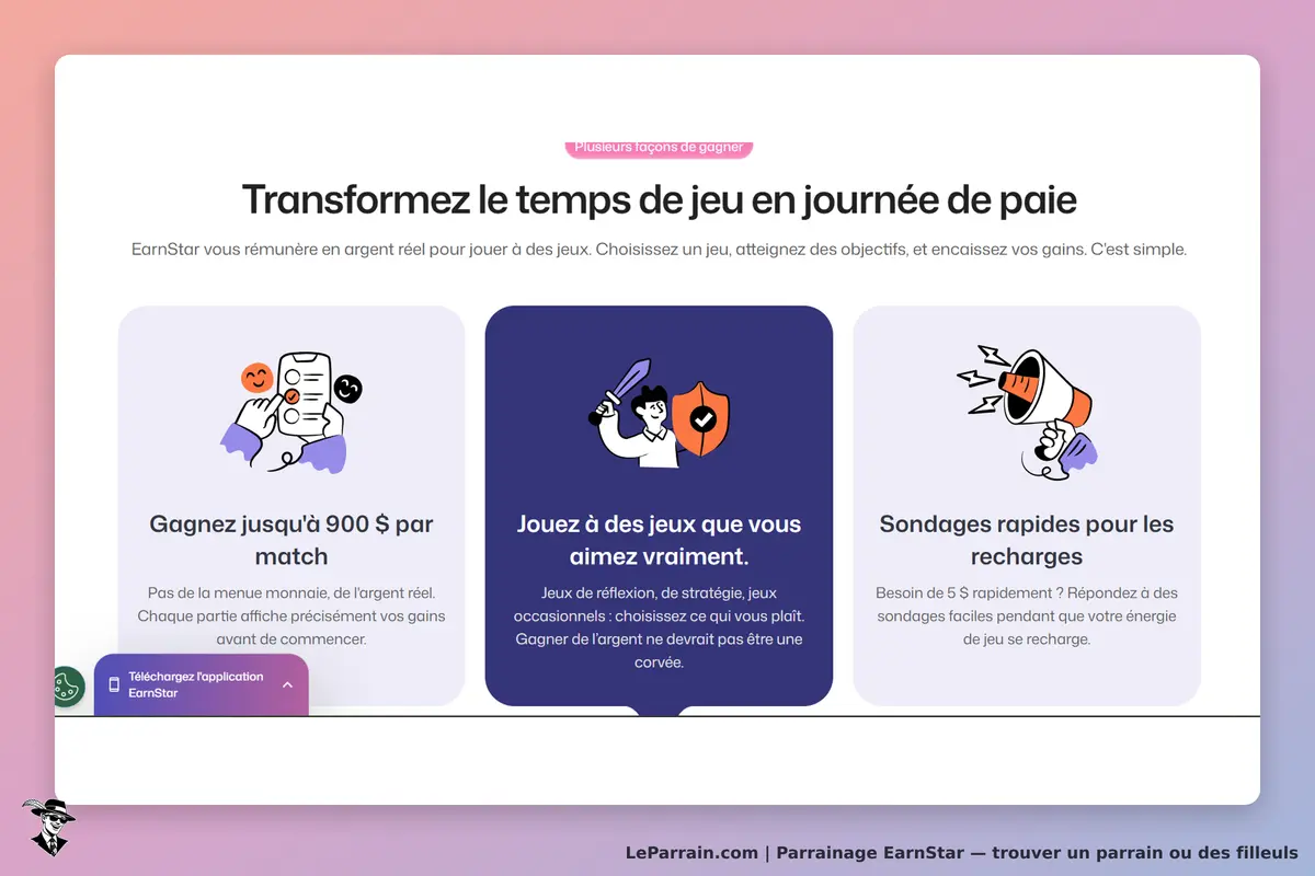 EarnStar : section d'accueil présentant trois façons de gagner de l'argent en jouant à des jeux