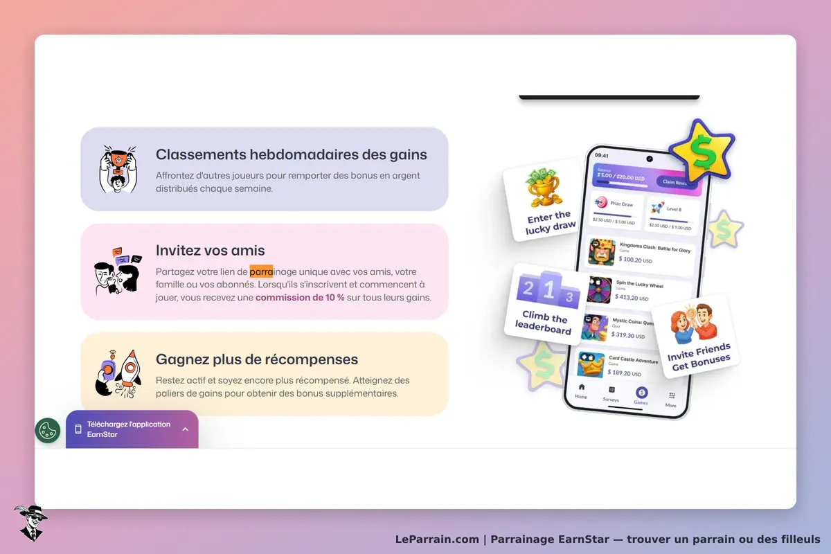EarnStar : sections sur les classements, invitations et récompenses avec un téléphone affichant des