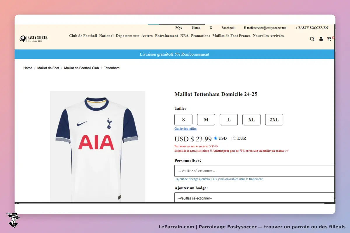 Eastysoccer : maillot de football domicile Tottenham avec options de taille et personnalisation