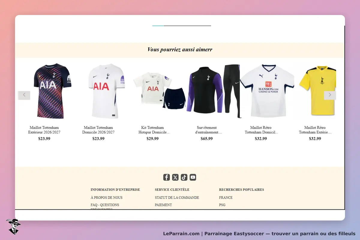 Eastysoccer : page d'accueil avec divers maillots et survêtements de Tottenham