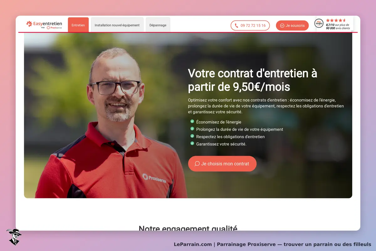 Proxiserve : page d'accueil avec un homme souriant en polo rouge et des informations sur les