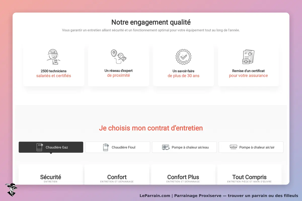 Proxiserve : page d'accueil avec engagement qualité et choix de contrats d'entretien