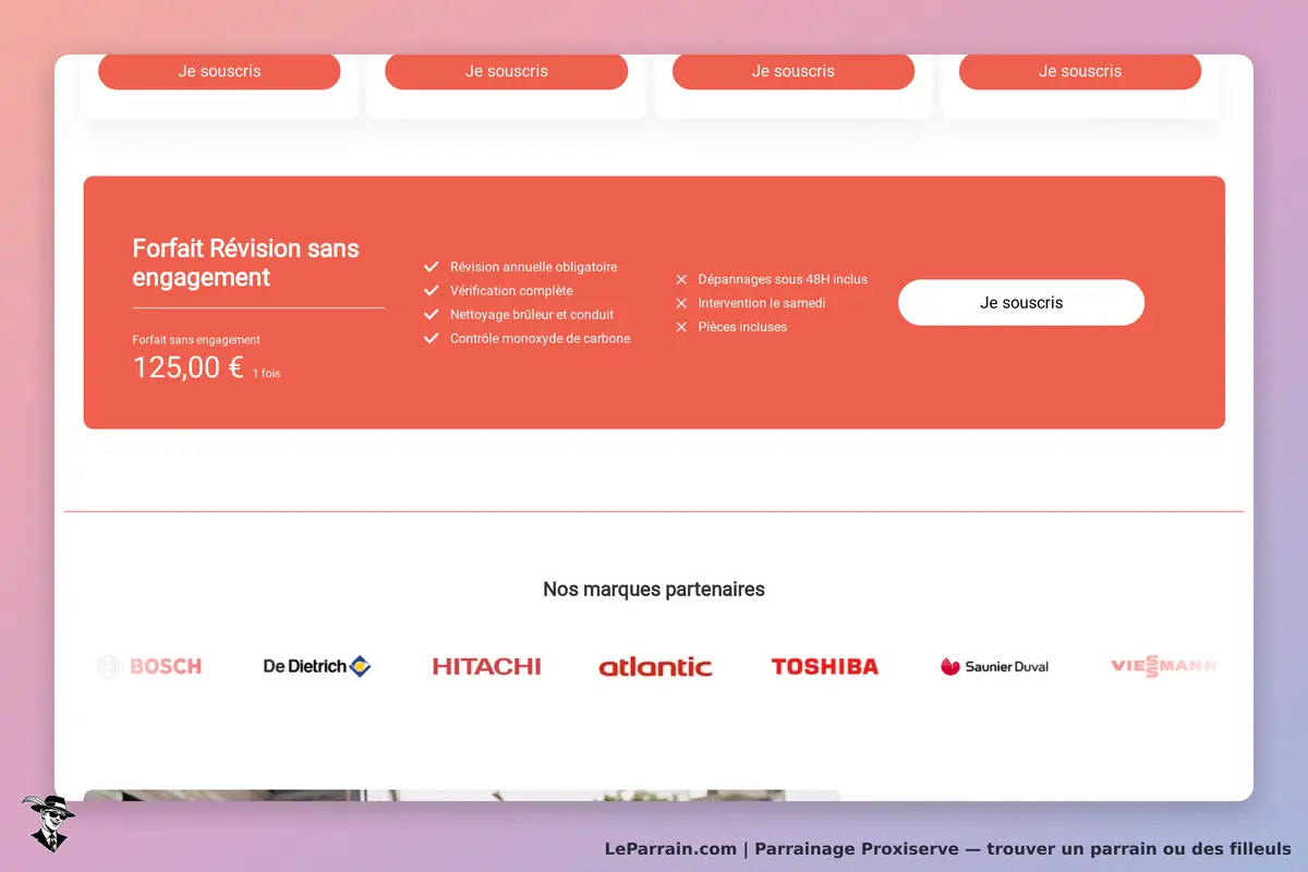 Proxiserve : page d'accueil avec forfait de révision et logos de marques partenaires