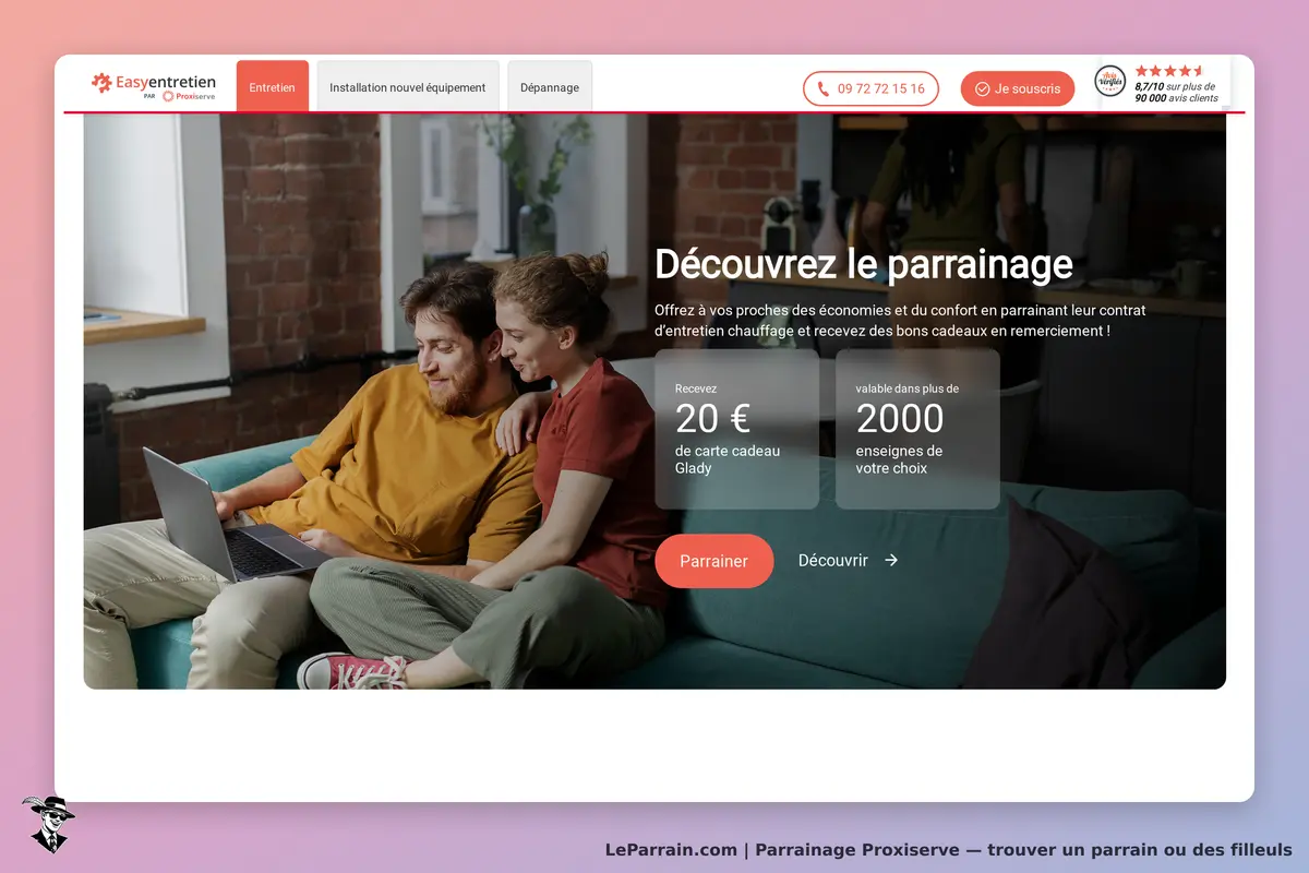 Proxiserve : page d'accueil présentant le parrainage avec couple utilisant un ordinateur portable