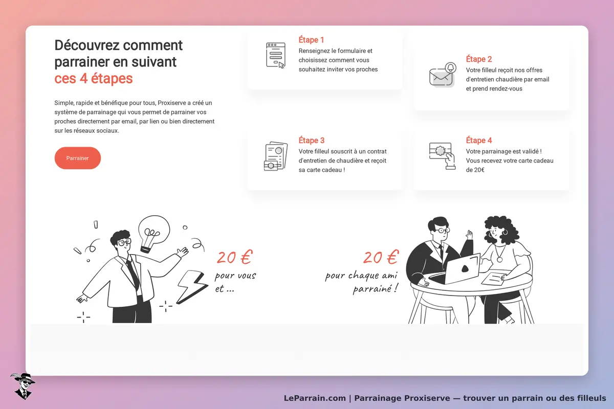 Proxiserve : étapes du parrainage avec illustrations et bouton pour commencer le processus