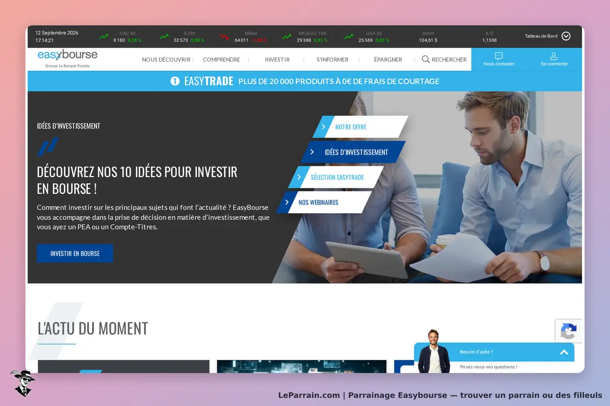 Easybourse : page d'accueil avec des idées d'investissement et un visuel de deux hommes en