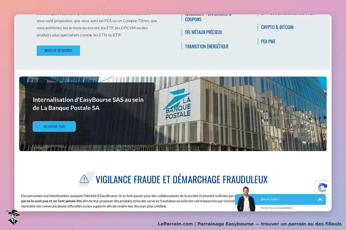 Easybourse : page d'accueil avec informations sur l'internalisation et vigilance contre la fraude