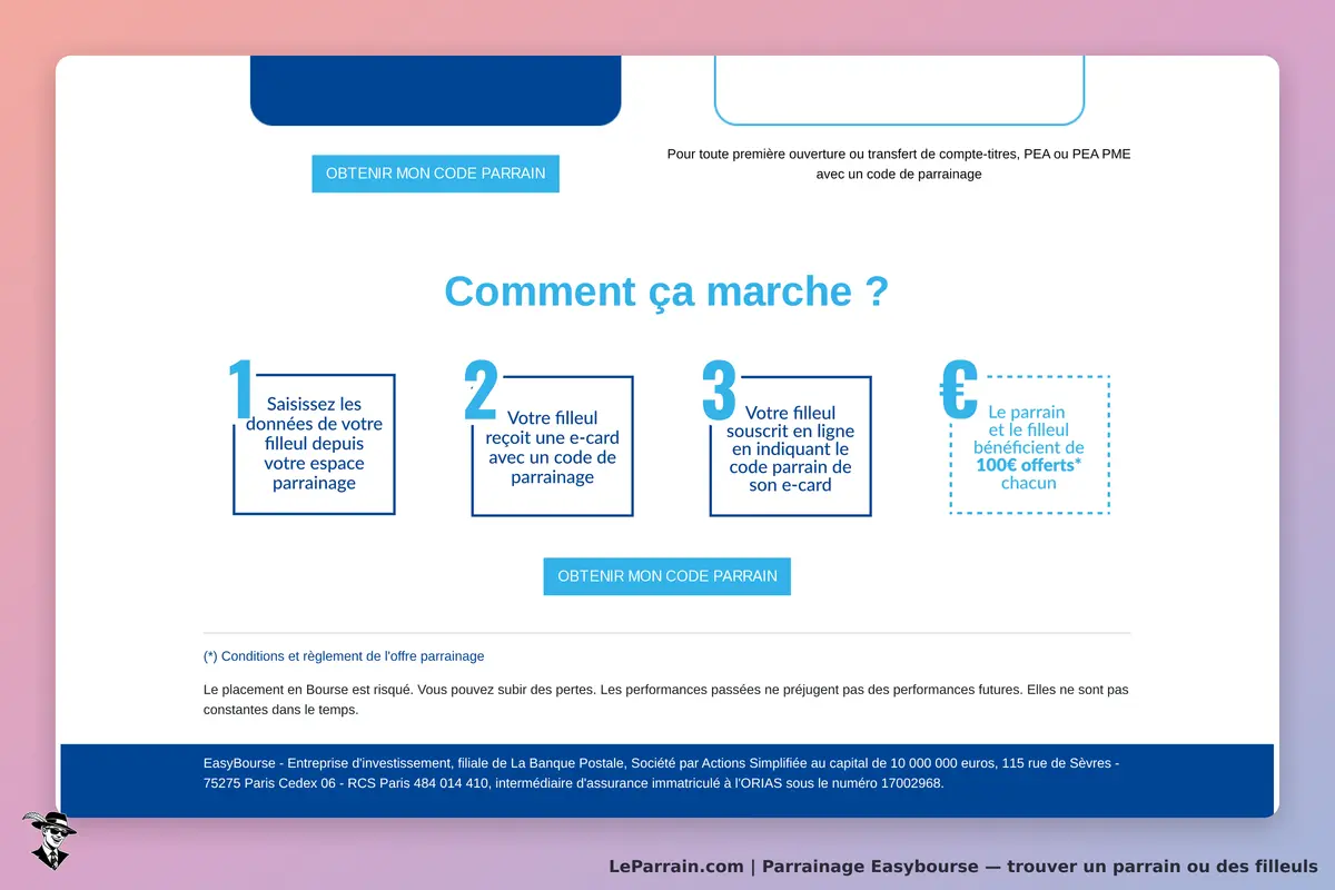Easybourse : étapes du parrainage avec bouton pour obtenir un code parrain et informations légales