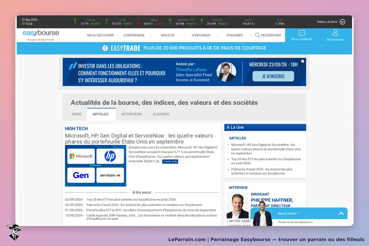 Easybourse : page d'accueil affichant des actualités et articles sur la bourse et les sociétés