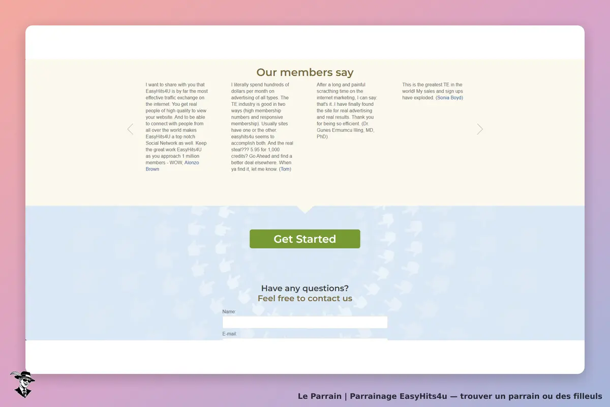 EasyHits4u : témoignages de membres et formulaire de contact en bas de page avec bouton "Get