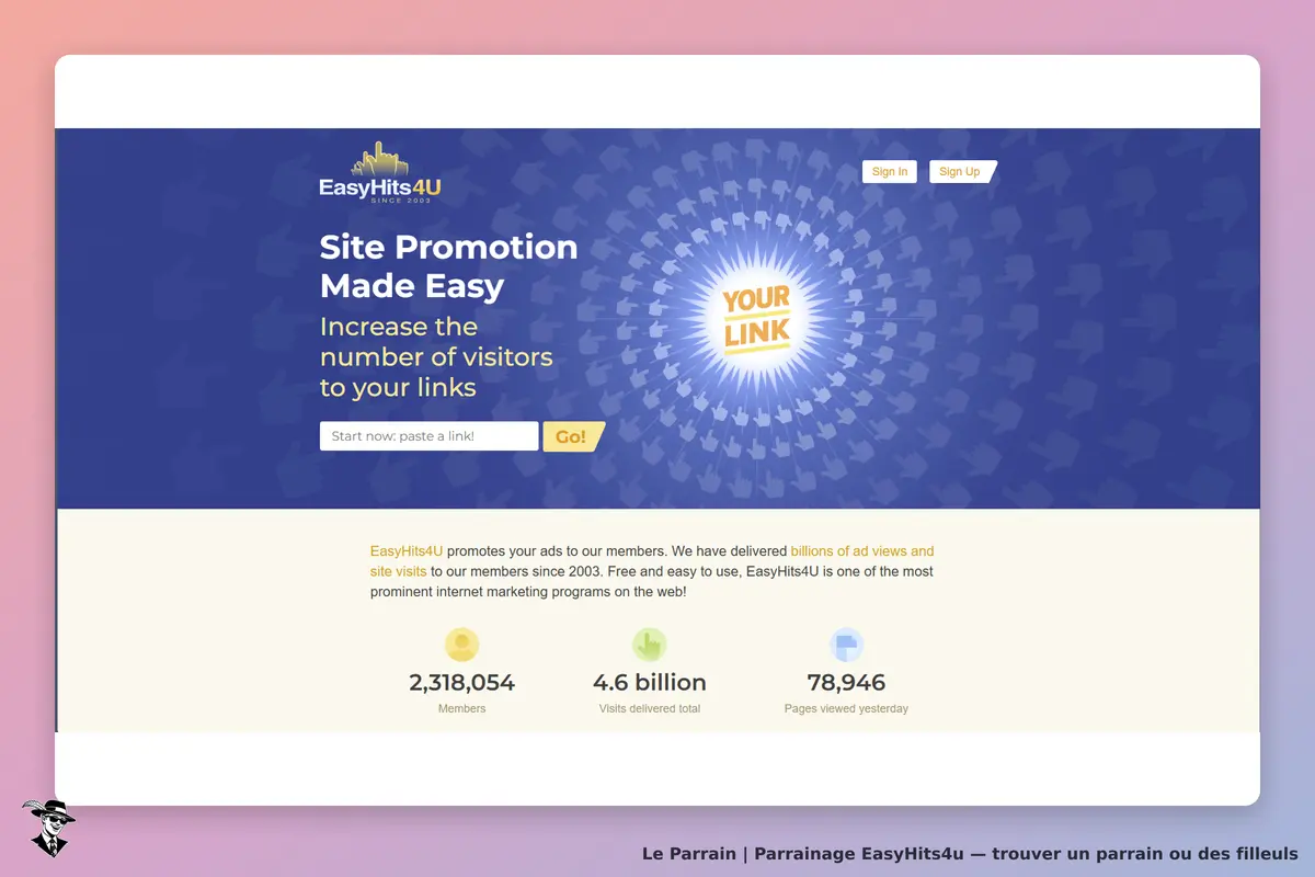 EasyHits4U : page d'accueil avec un champ pour coller un lien et des statistiques de membres