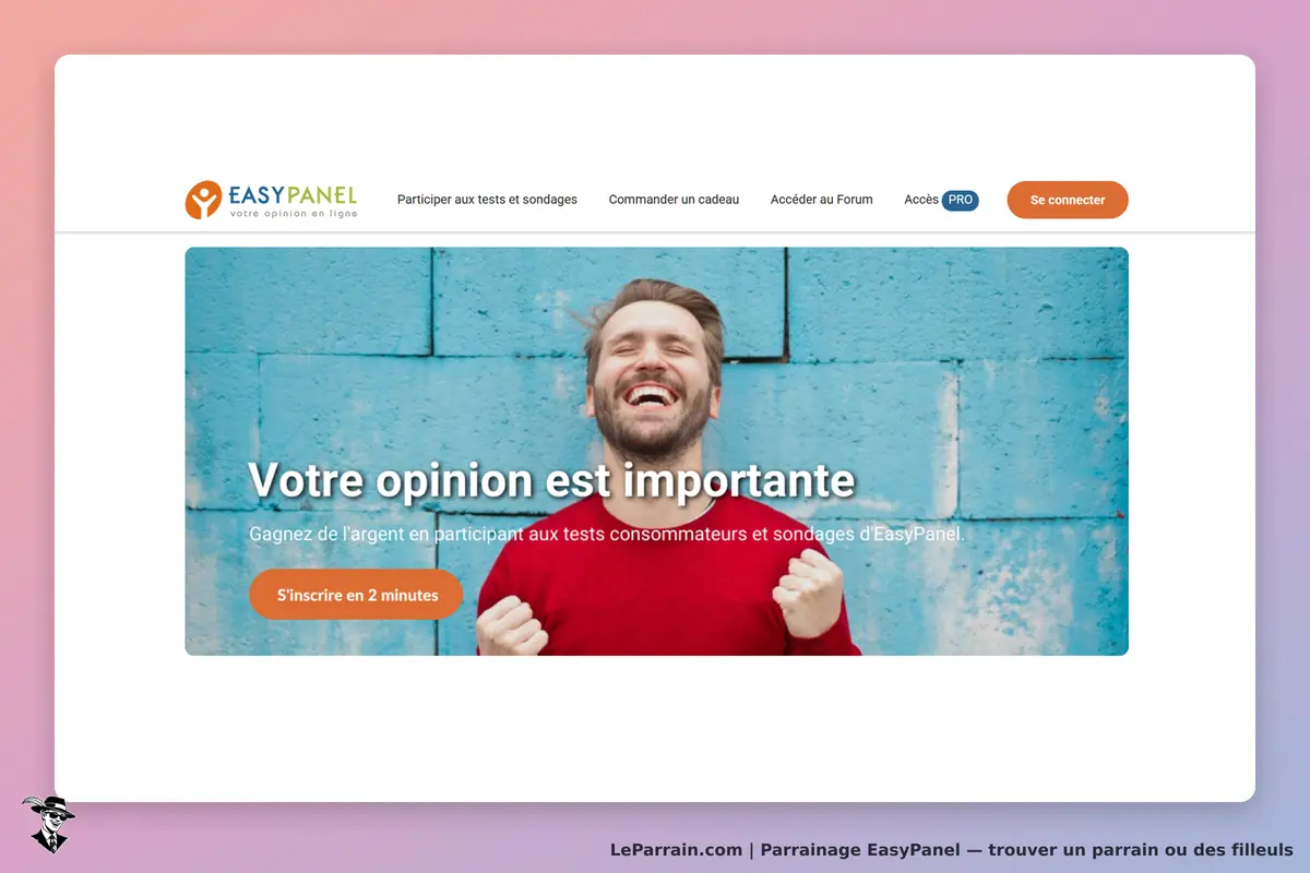 EasyPanel : page d'accueil avec un homme souriant sur fond bleu et un message sur l'opinion