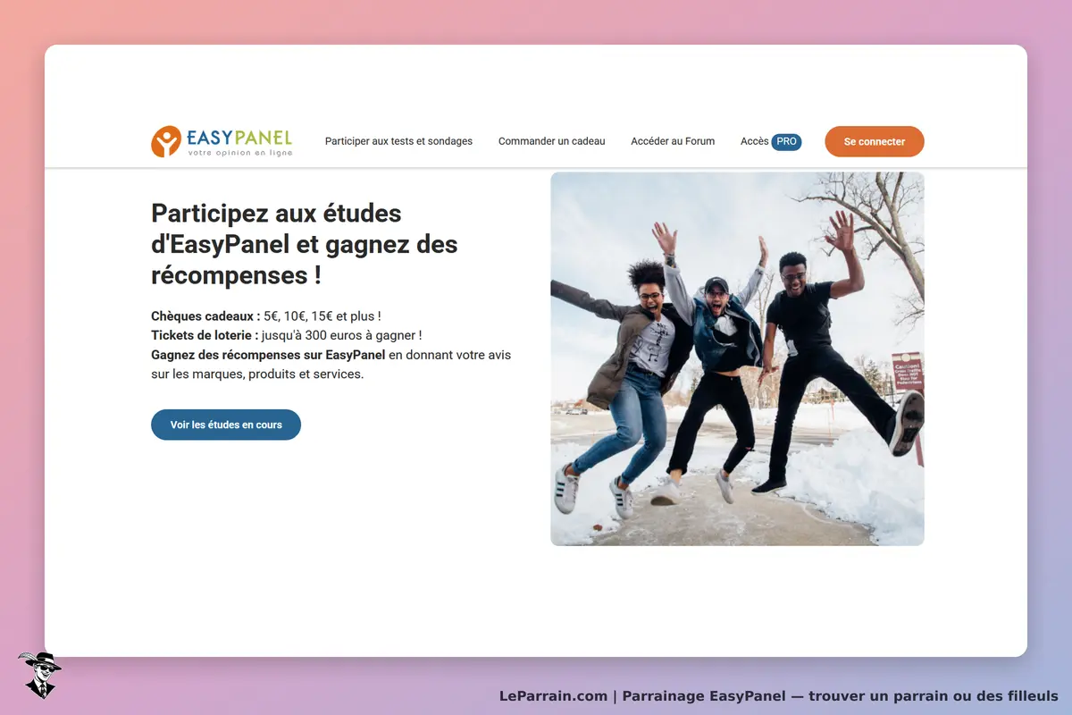 EasyPanel : page d'accueil présentant des études et une image de trois personnes sautant