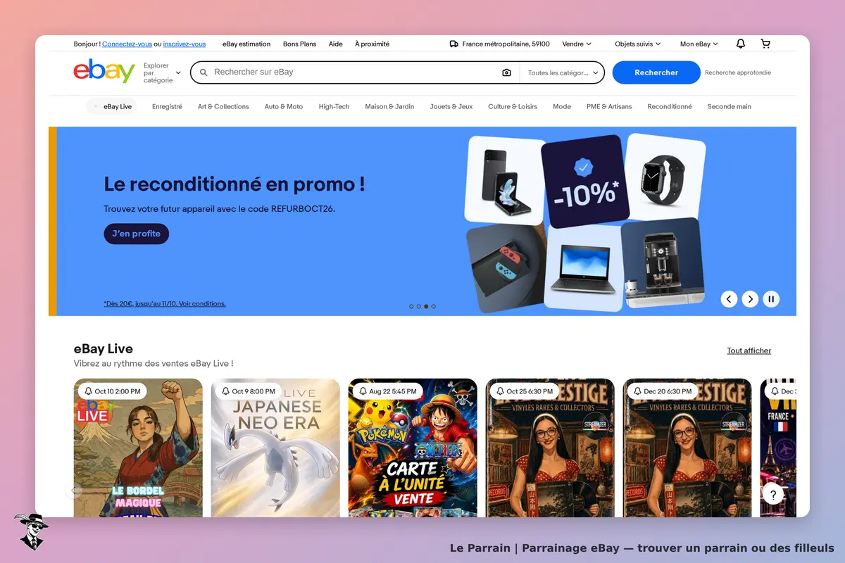 eBay : page d'accueil avec promotions et vignettes d'événements eBay Live
