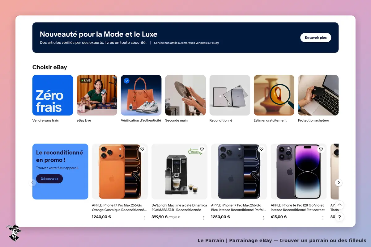 eBay : page d'accueil présentant des options et produits reconditionnés, avec promotions visibles