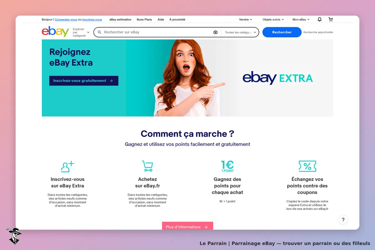eBay : page d'accueil avec une femme pointant vers eBay Extra et des informations sur le programme
