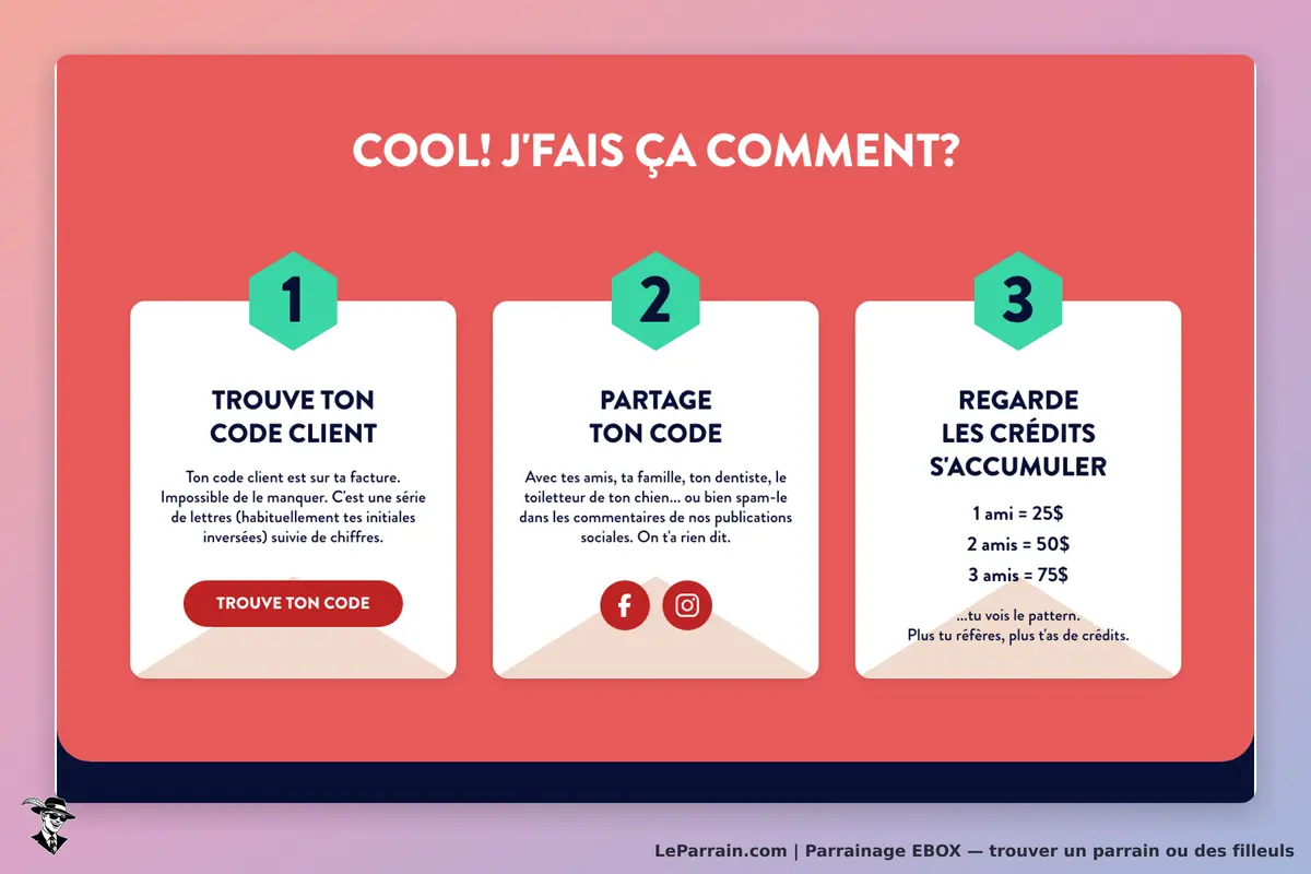 EBOX : les trois étapes du parrainage, trouver son code client, le partager et cumuler les crédits (1 ami = 25 $ CA)