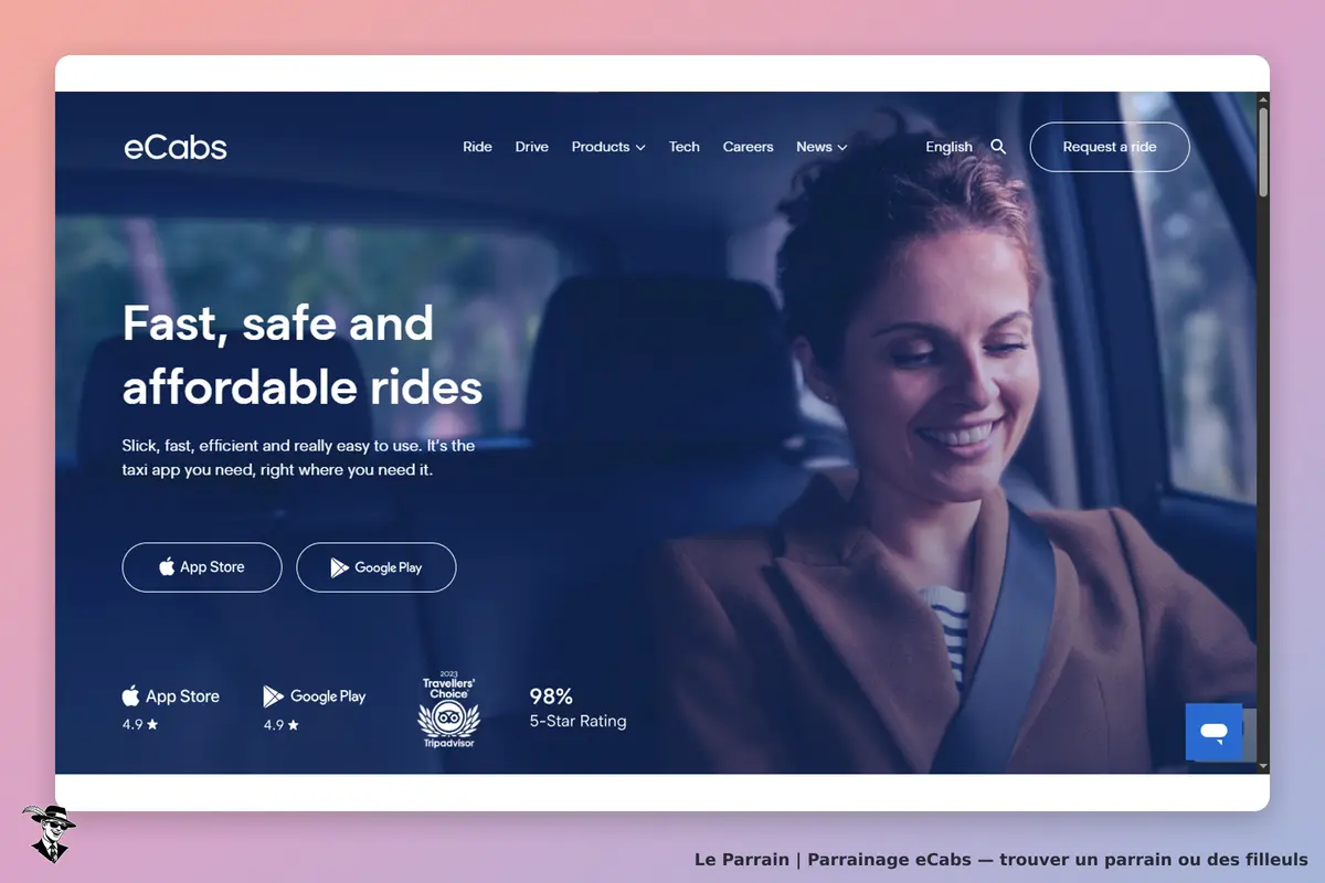 eCabs : page d'accueil avec un message sur des trajets rapides et sûrs, femme souriante en voiture