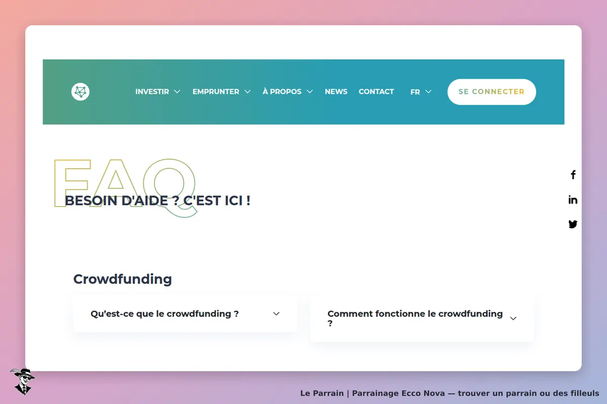 Ecco Nova : page d'accueil avec menu et section FAQ sur le crowdfunding