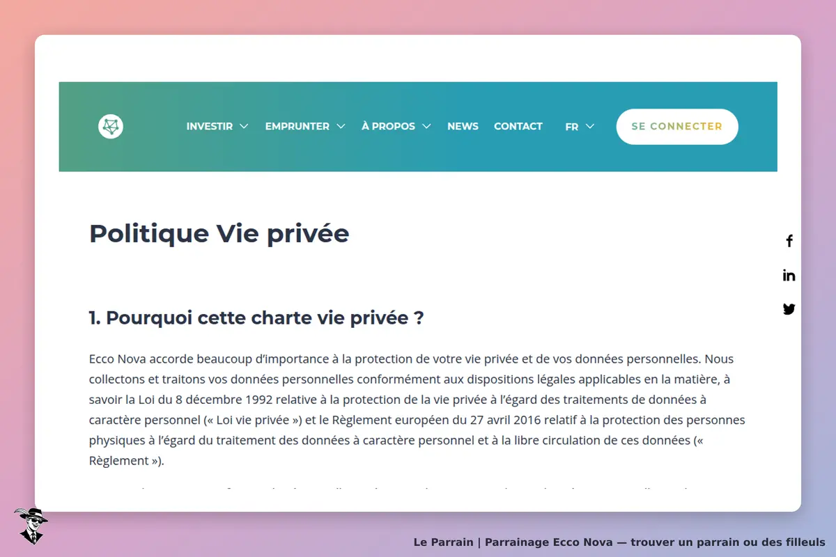 Ecco Nova : page sur la politique de vie privée avec des informations légales et un menu supérieur