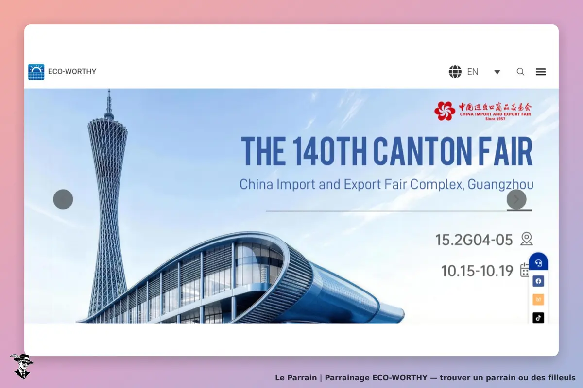 ECO-WORTHY : page d'accueil présentant le 140e Canton Fair à Guangzhou avec des dates et un