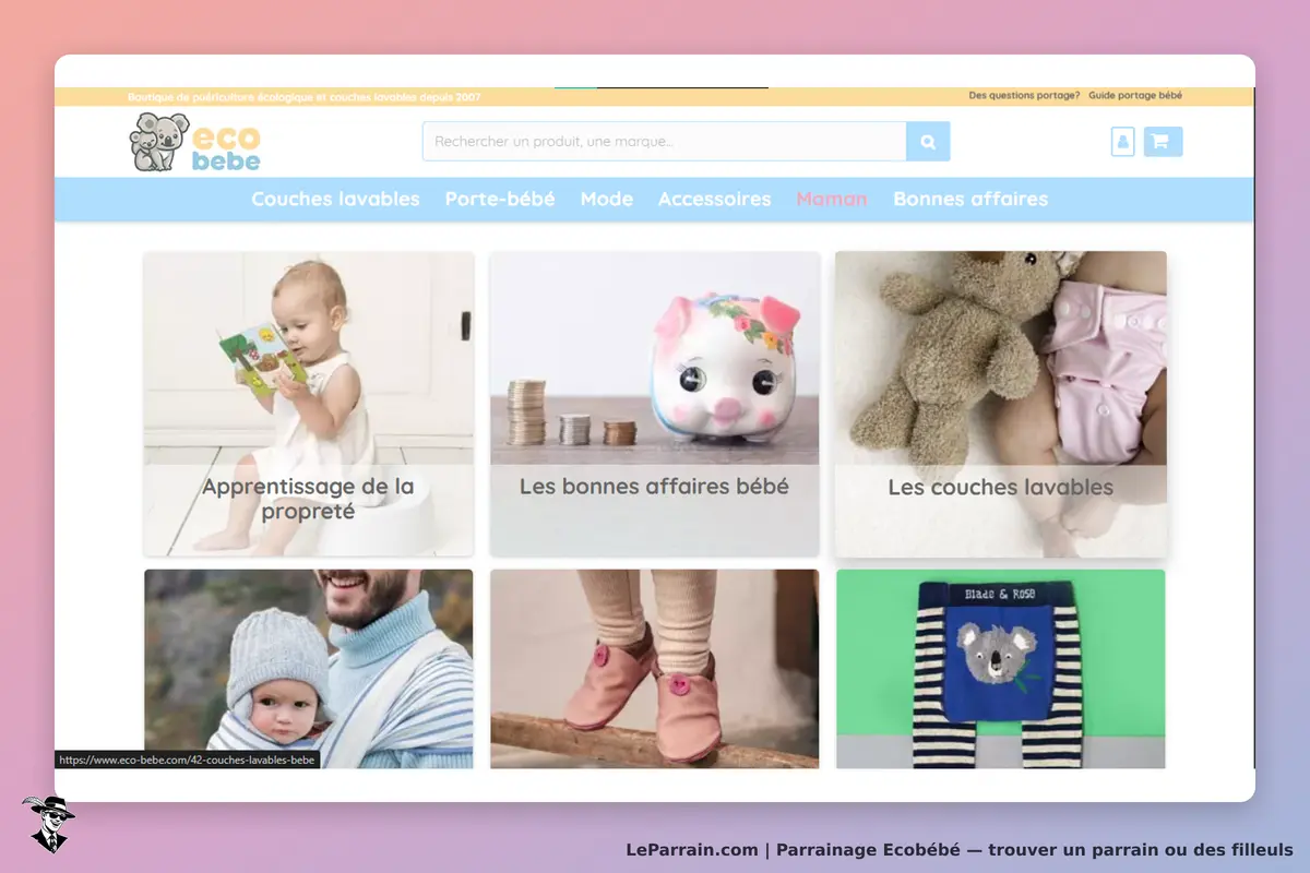 Ecobébé : page d'accueil avec sections sur l'apprentissage, les couches et accessoires pour bébés