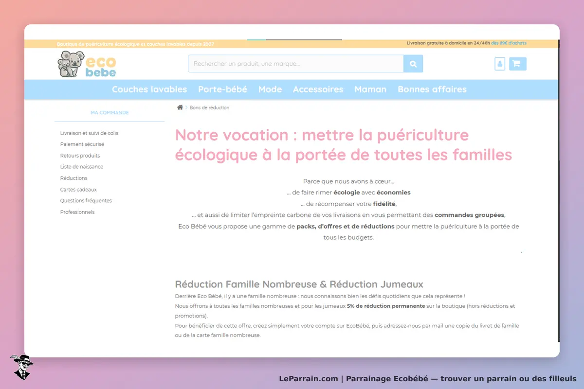 Ecobébé : page d'accueil avec informations sur la puériculture écologique et réductions