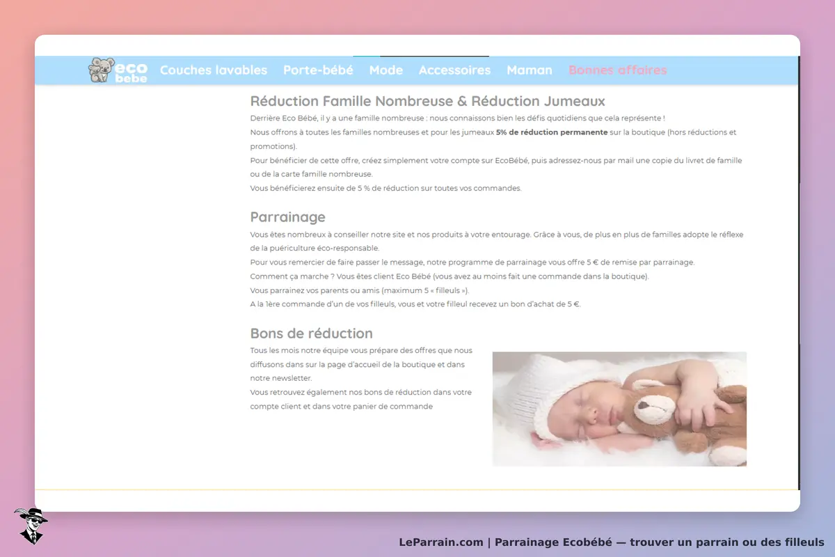 Ecobébé : page d'accueil affichant des réductions et un bébé dormant avec un doudou