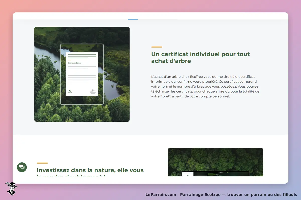Ecotree : un certificat d'achat d'arbre présenté sur fond de forêt et de rivière