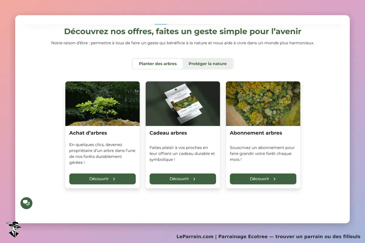 Ecotree : page d'accueil présentant trois options liées à l'achat et au parrainage d'arbres